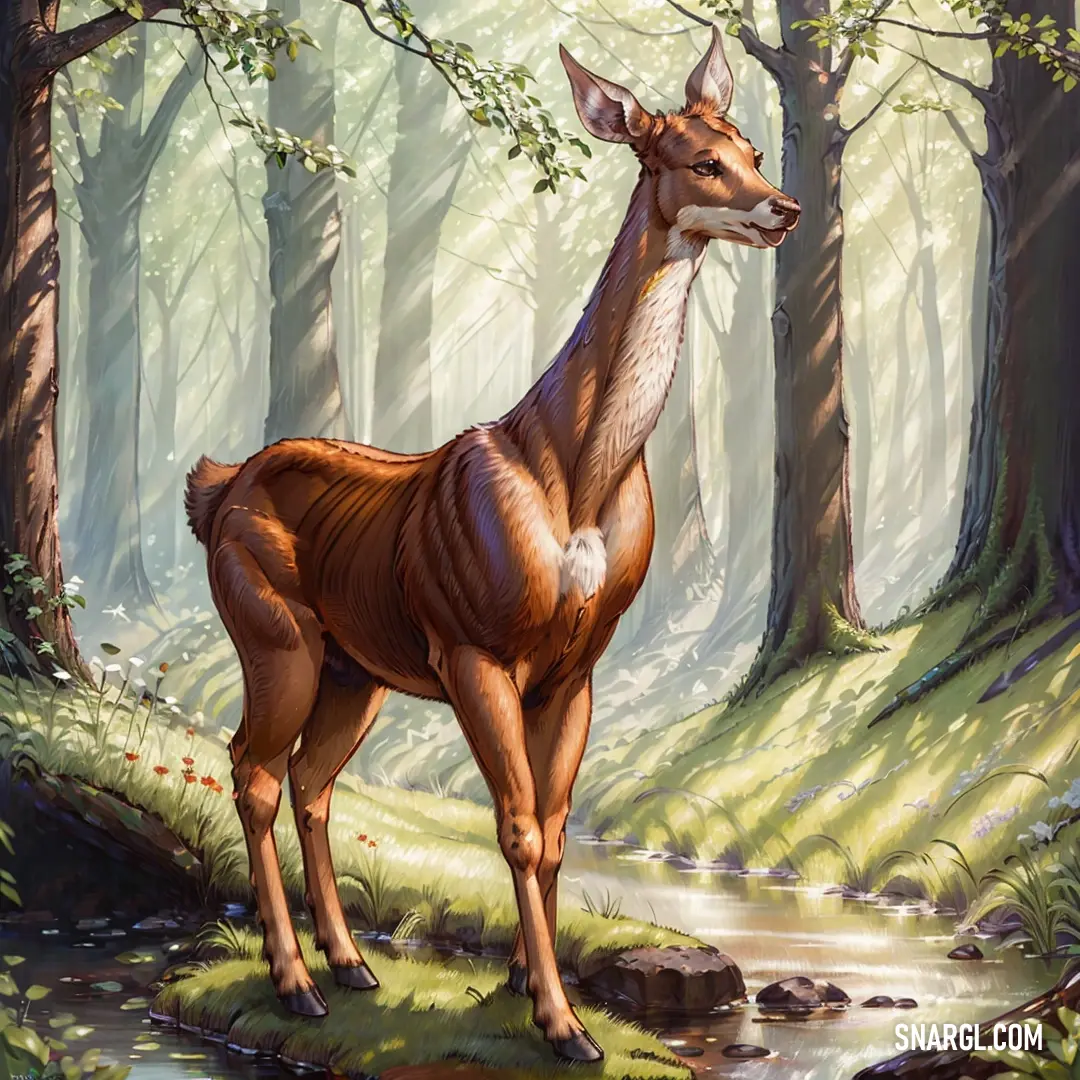 Pale goldenrod color example: Deer standing in a forest next to a stream of water and trees with leaves on the ground and a few rocks