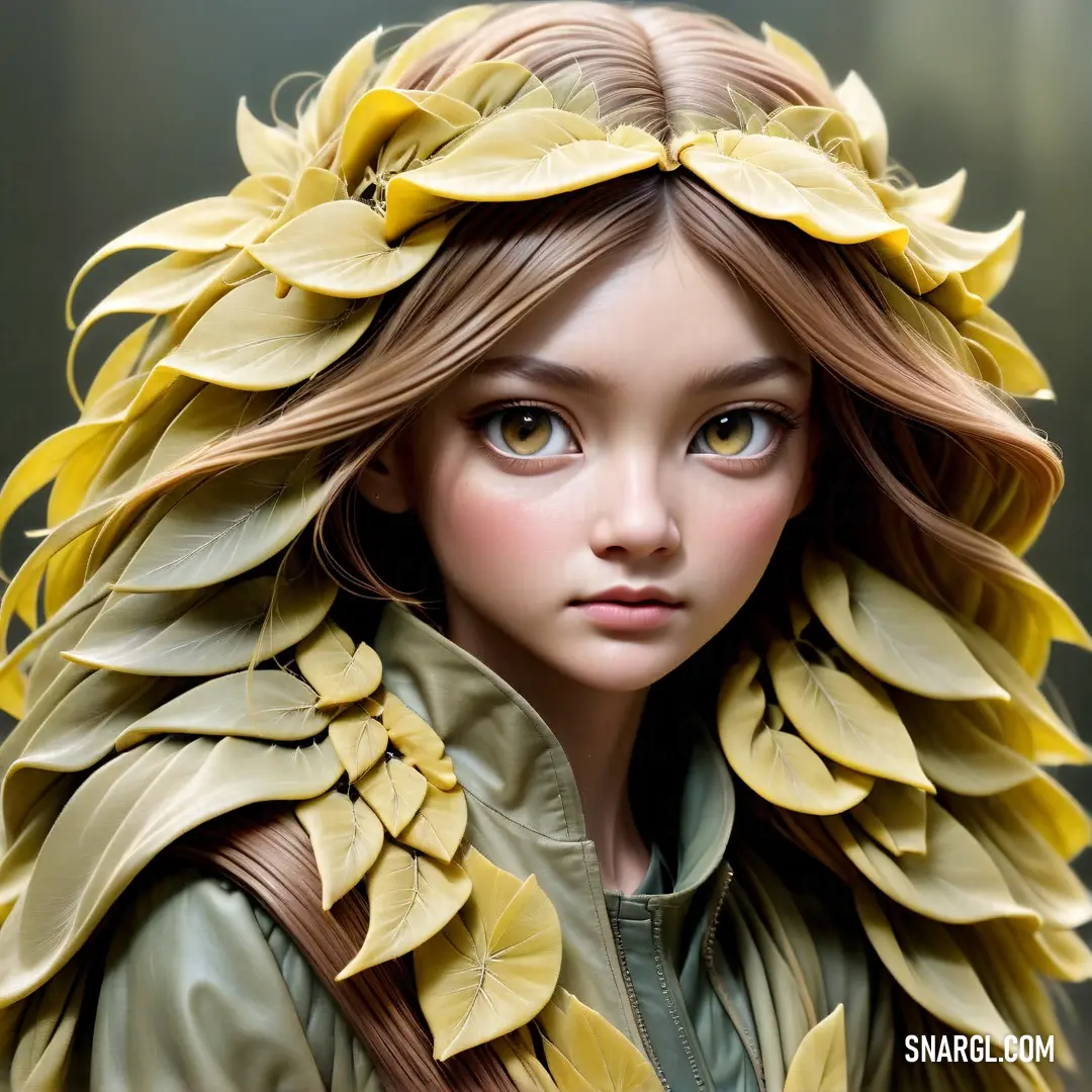 Pale goldenrod color example: Doll with a yellow flower in her hair and a leafy dress on her head and shoulders