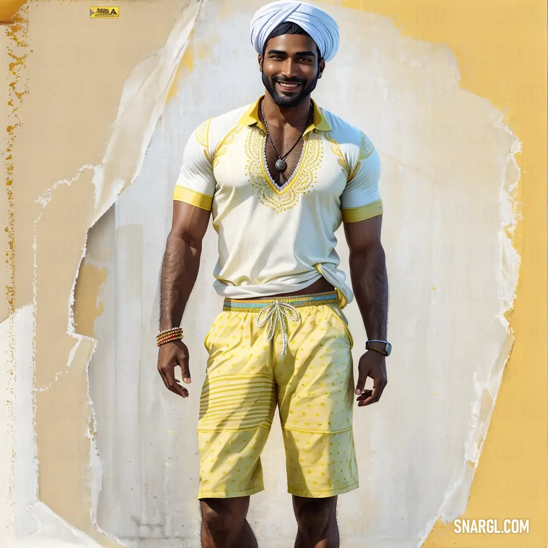 Pale goldenrod color example: Man in a turban standing in front of a wall with a yellow and white shirt on