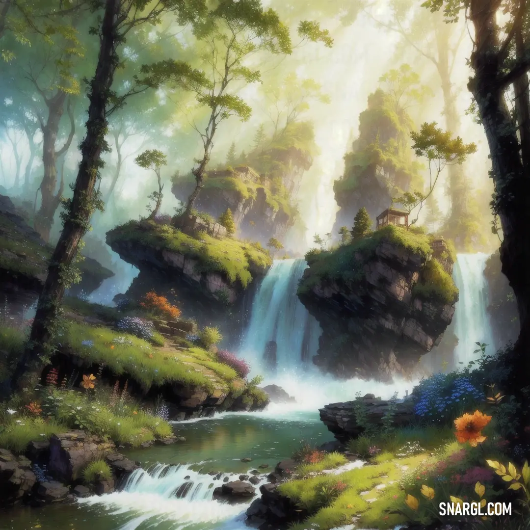 Painting of a waterfall in a forest with flowers and trees around it. Example of CMYK 0,3,29,7 color.