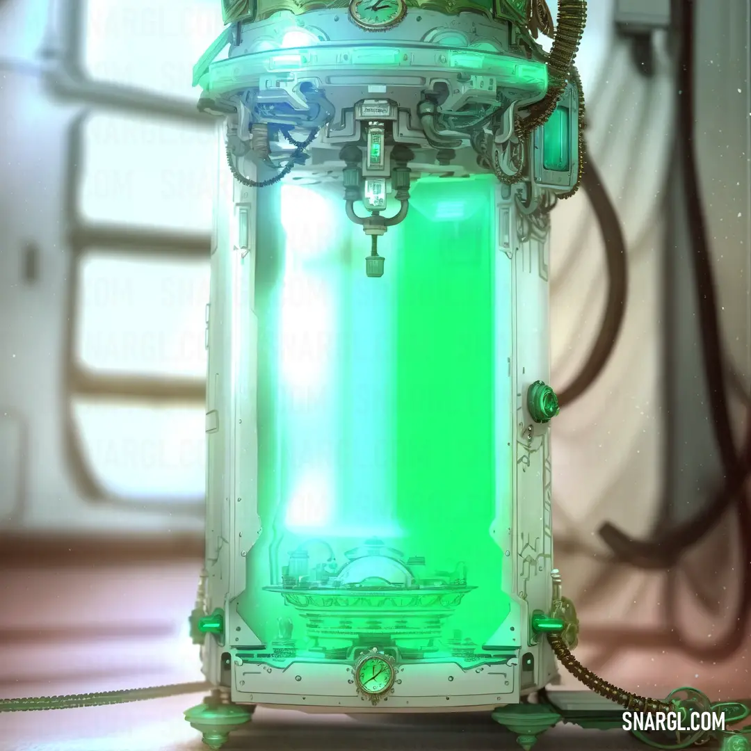 Green light is shining on a machine with a hose connected to it and a window in the background