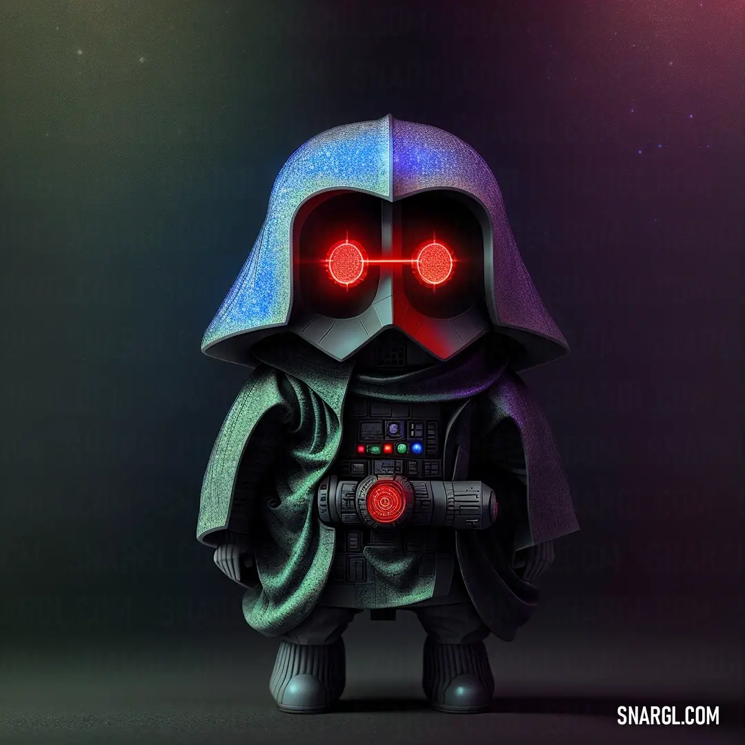 Cartoon character with a red light on his face and a darth vader helmet on his head