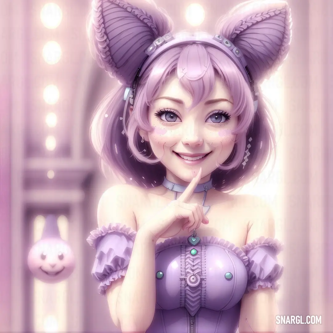 Cartoon girl with a cat ears on her head and a purple dress on her body