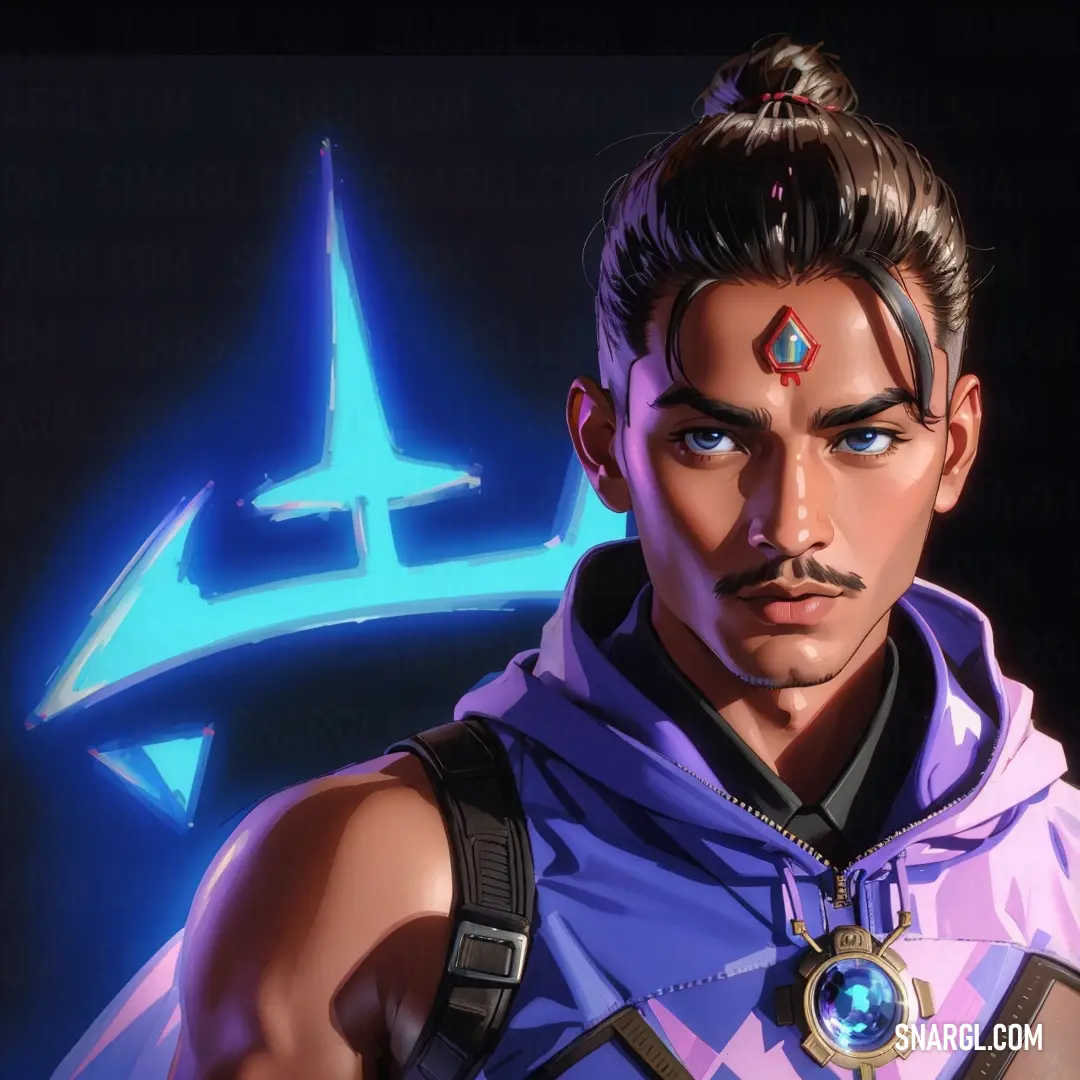 Man with a blue and purple outfit and a blue and white arrow in his hair and a blue