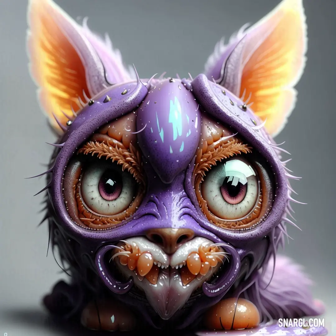 Purple and orange cat with big eyes and a weird look on its face and body