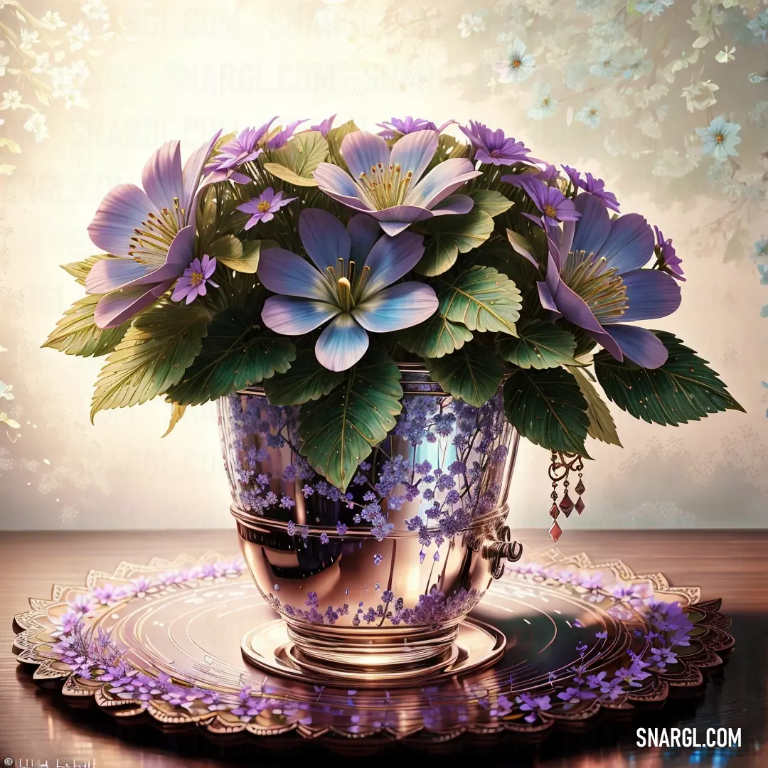 Vase with purple flowers on a table with a plate and a flower arrangement on it with a background