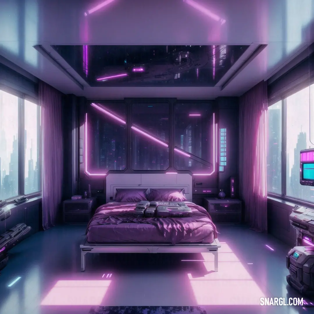 Bedroom with a bed and a tv in it and a purple light coming from the ceiling above it