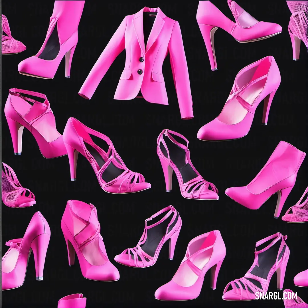 Pale magenta color. Bunch of pink shoes and a pink jacket on a black background