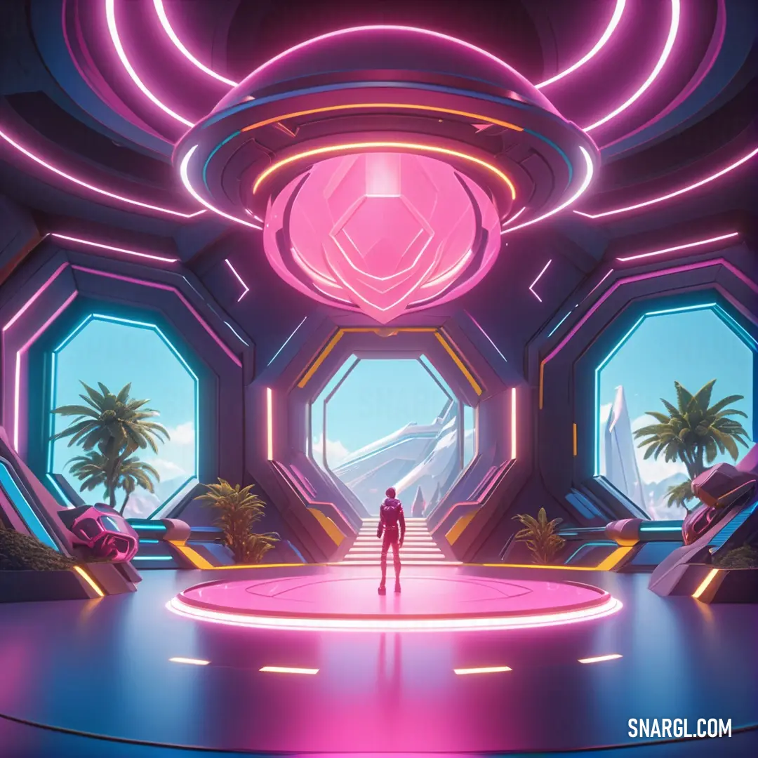 Futuristic scene with a man standing in the middle of the room and a futuristic tunnel in the background. Color RGB 249,132,229.