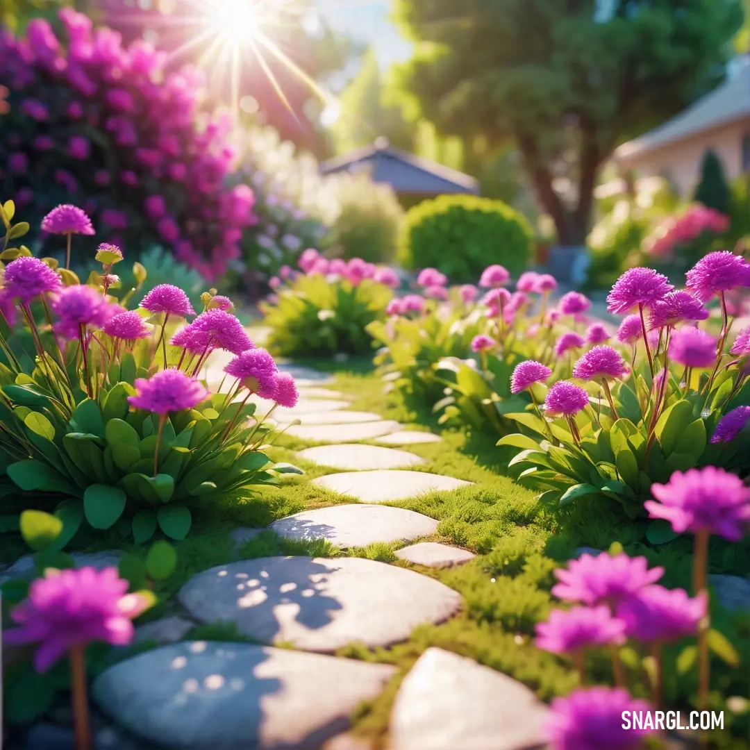 Garden with a path made of stones and flowers in the foreground. Color #F984E5.
