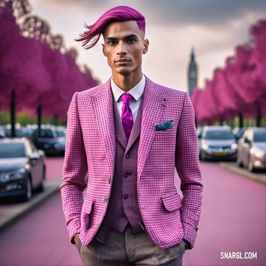 Man with pink hair wearing a suit and tie in a parking lot with cars parked in the background. Color #F984E5.