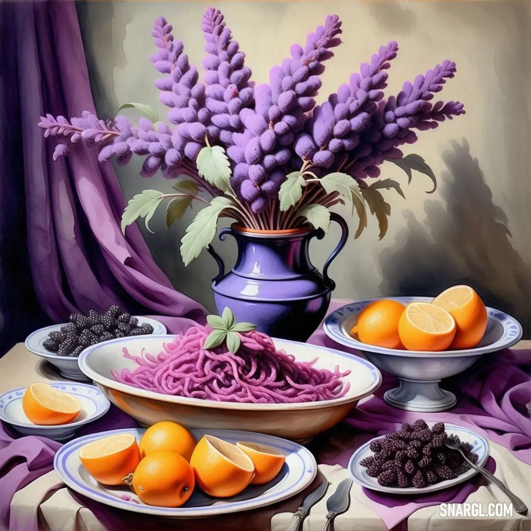 Painting of a table with purple flowers and fruit on it. Color CMYK 0,47,8,2.