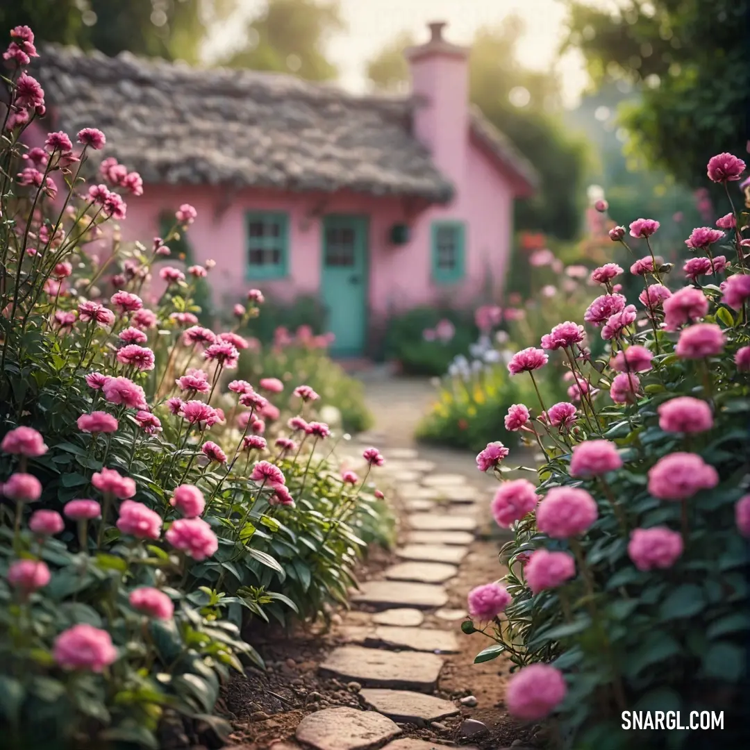 Pale magenta color. Path with flowers and a pink house in the background