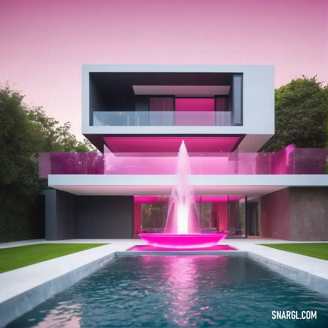 Pale magenta color. Pink fountain in front of a modern house with a pink sky background