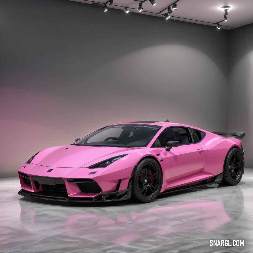 Pink sports car parked in a garage with a pink wall behind it and a black rim around the front wheel. Color #F984E5.