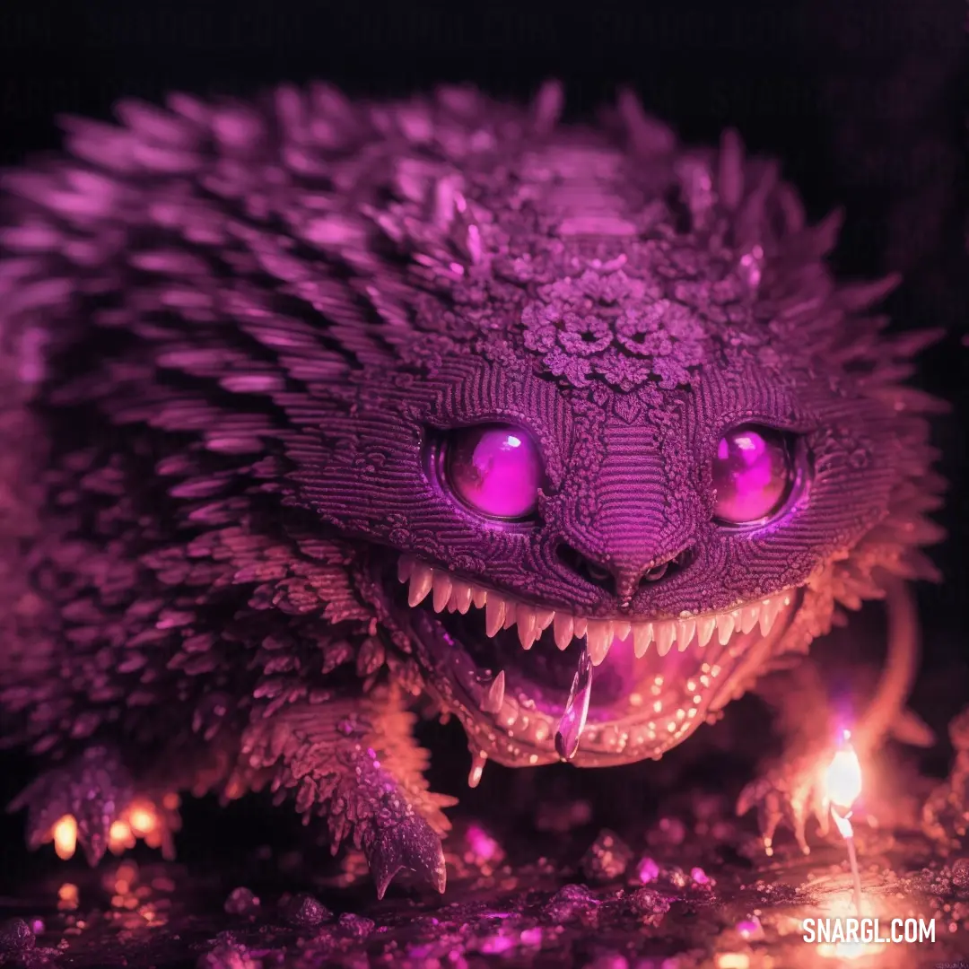 Purple creature with a big grin on its face and eyes