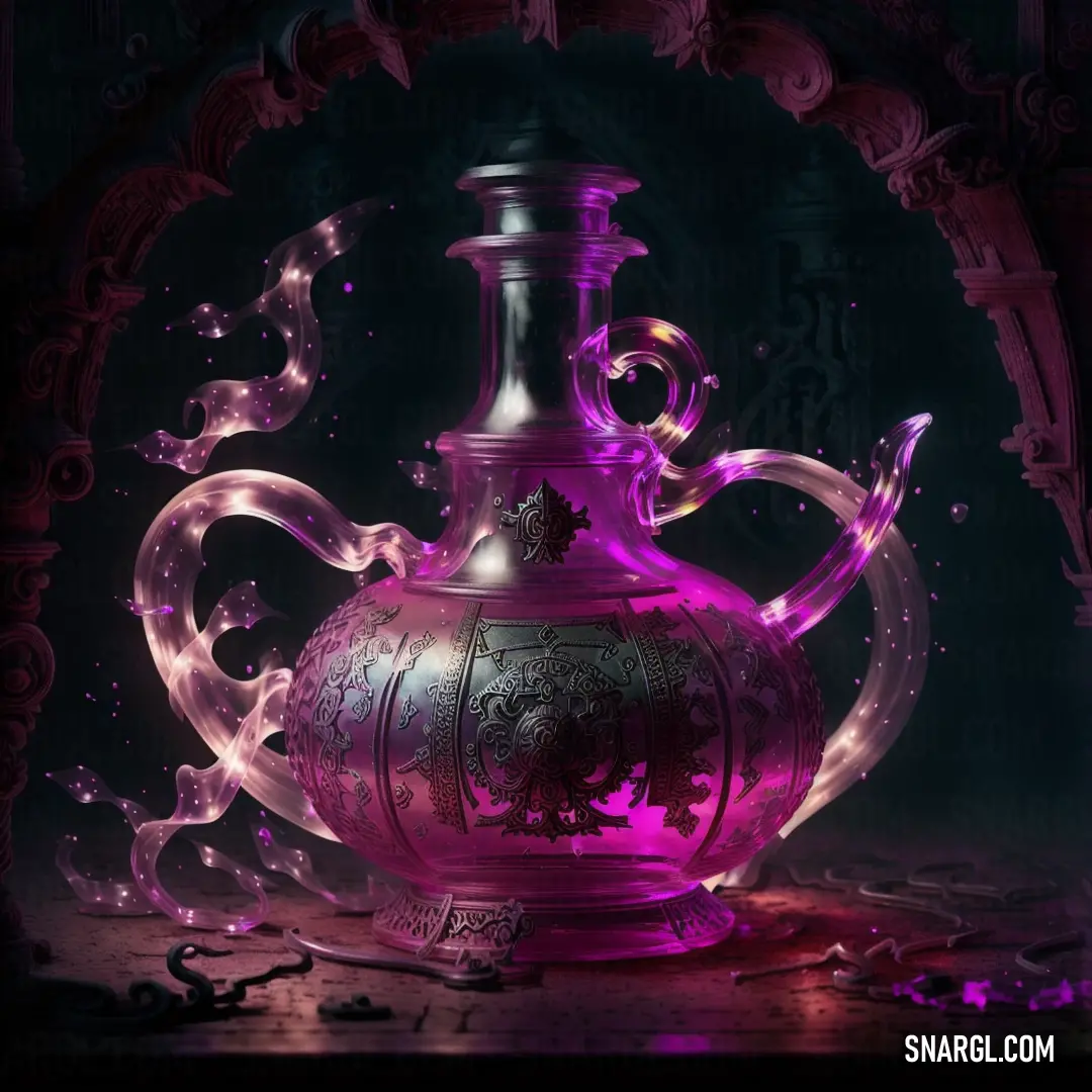 Purple glass teapot with a purple light inside of it on a table with a mirror behind it