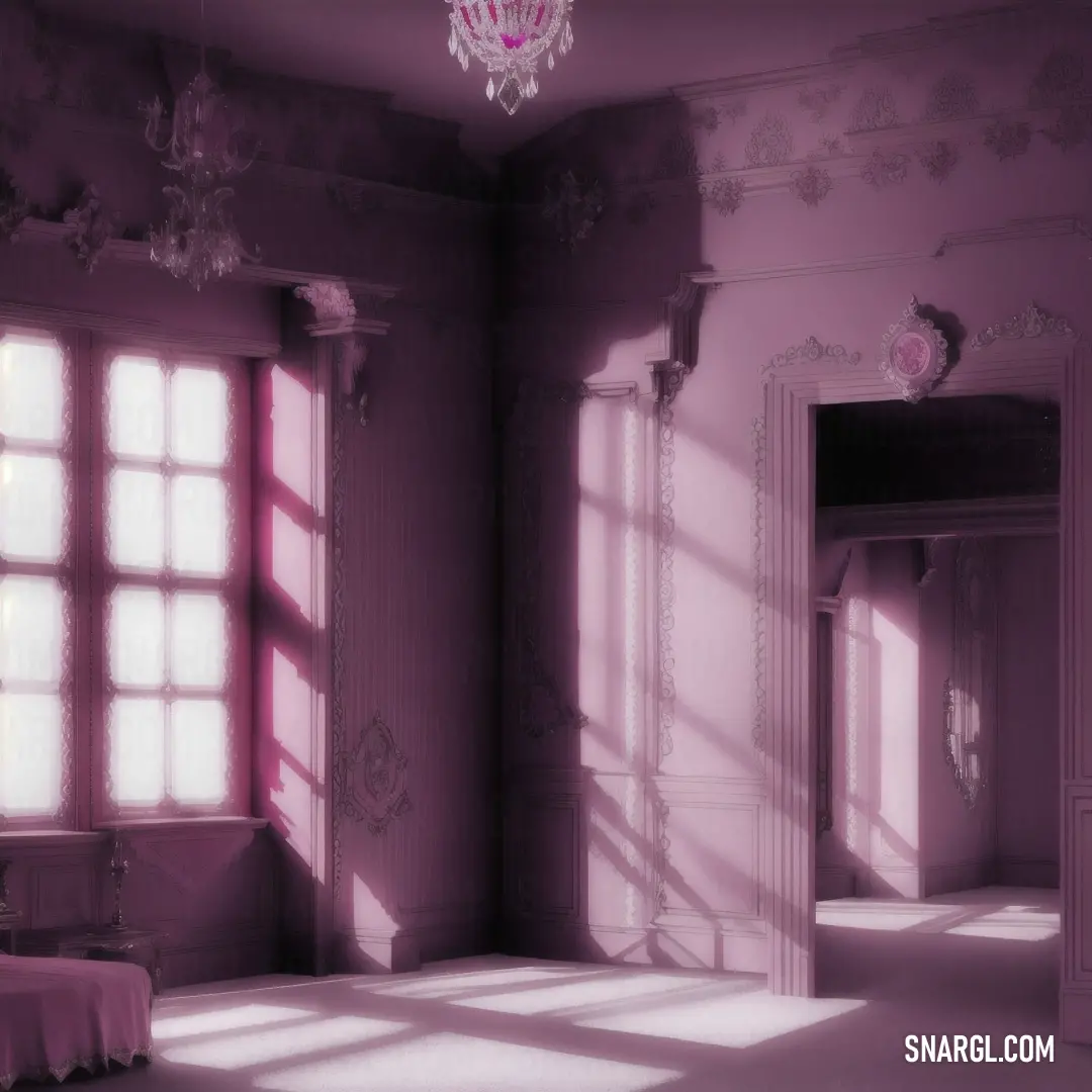 Room with a chandelier and a bed in it with a pink wall
