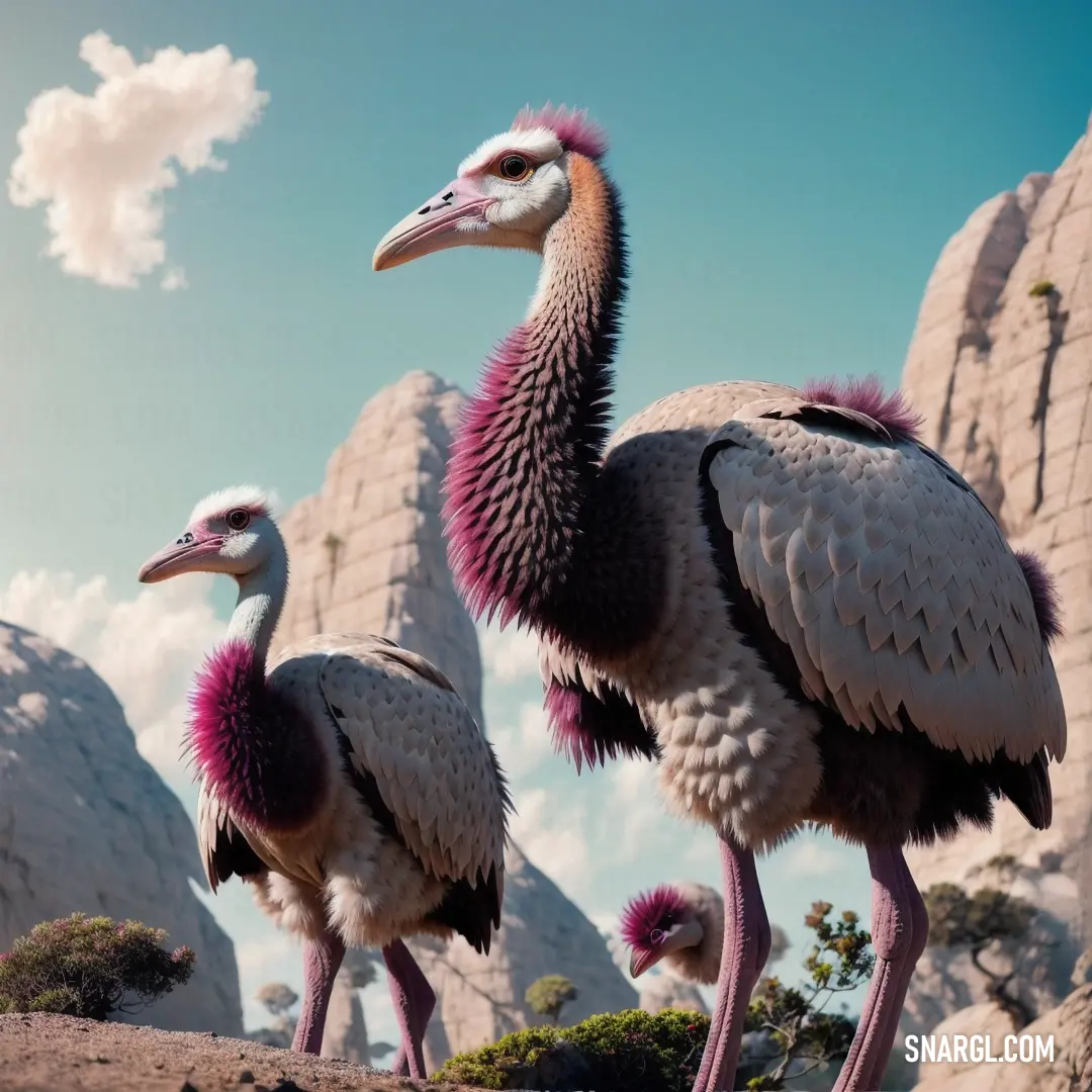 Two large birds with pink feathers standing next to each other on a rocky area with rocks and grass in the background