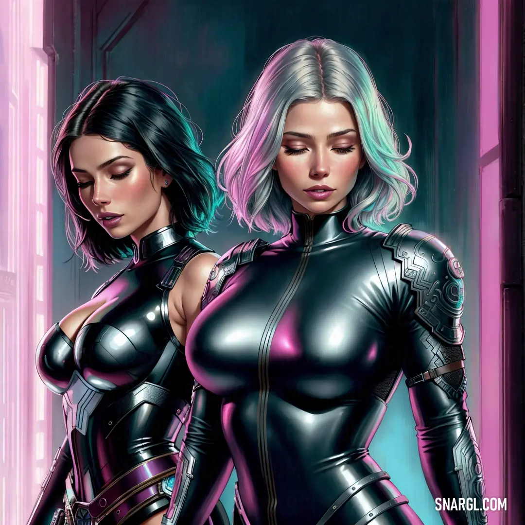 Two women in black catsuits standing next to each other in a doorway with a pink light behind them