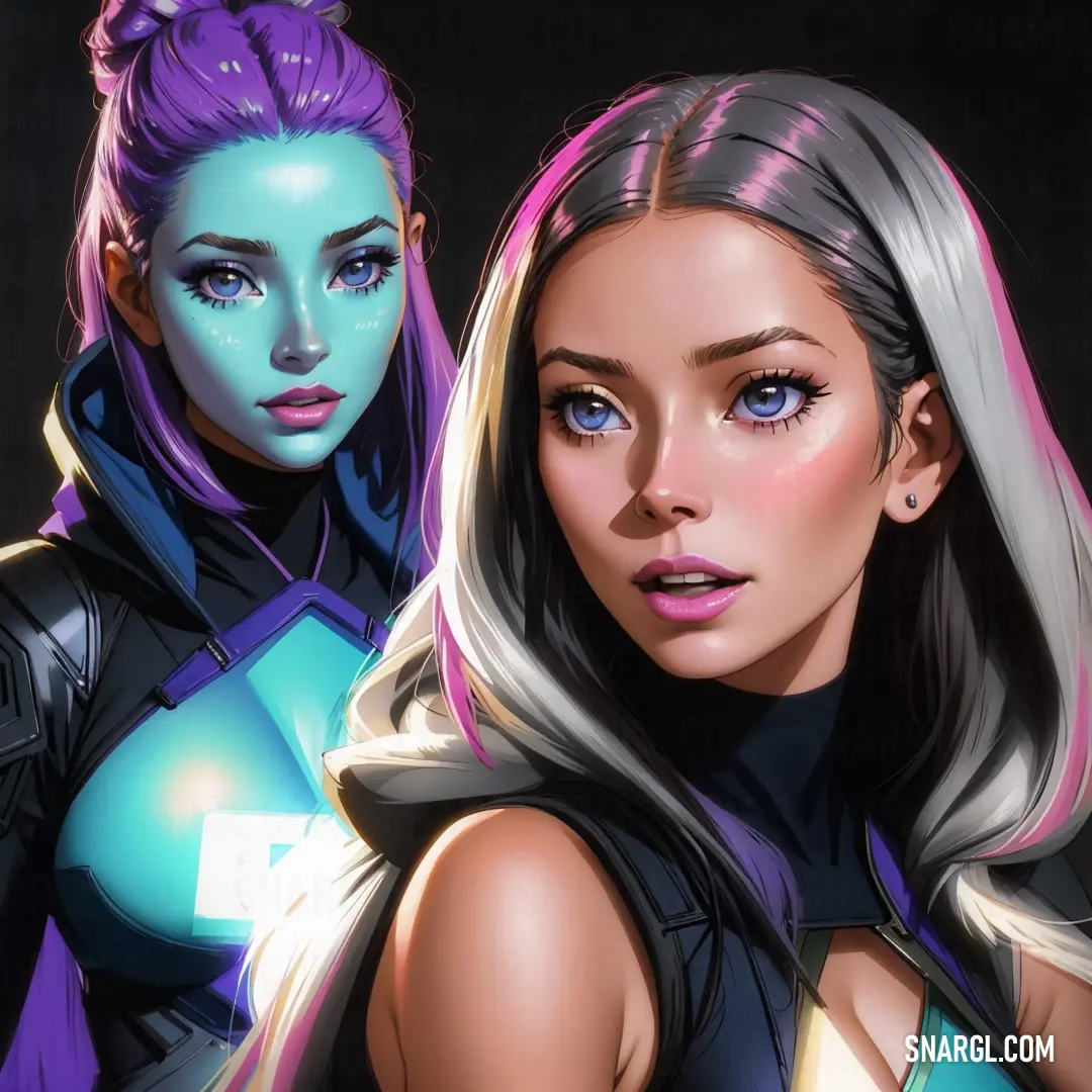 Two women in futuristic outfits with blue and pink hair and makeup on their faces and one has a blue and pink hair