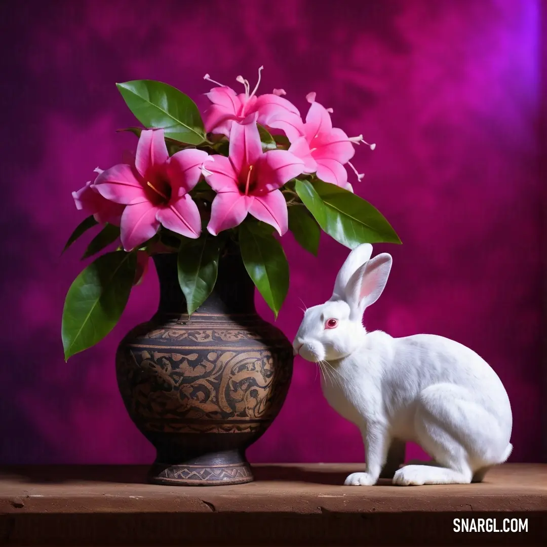 White rabbit next to a vase with flowers in it on a table next to a purple wall. Example of Pale magenta color.