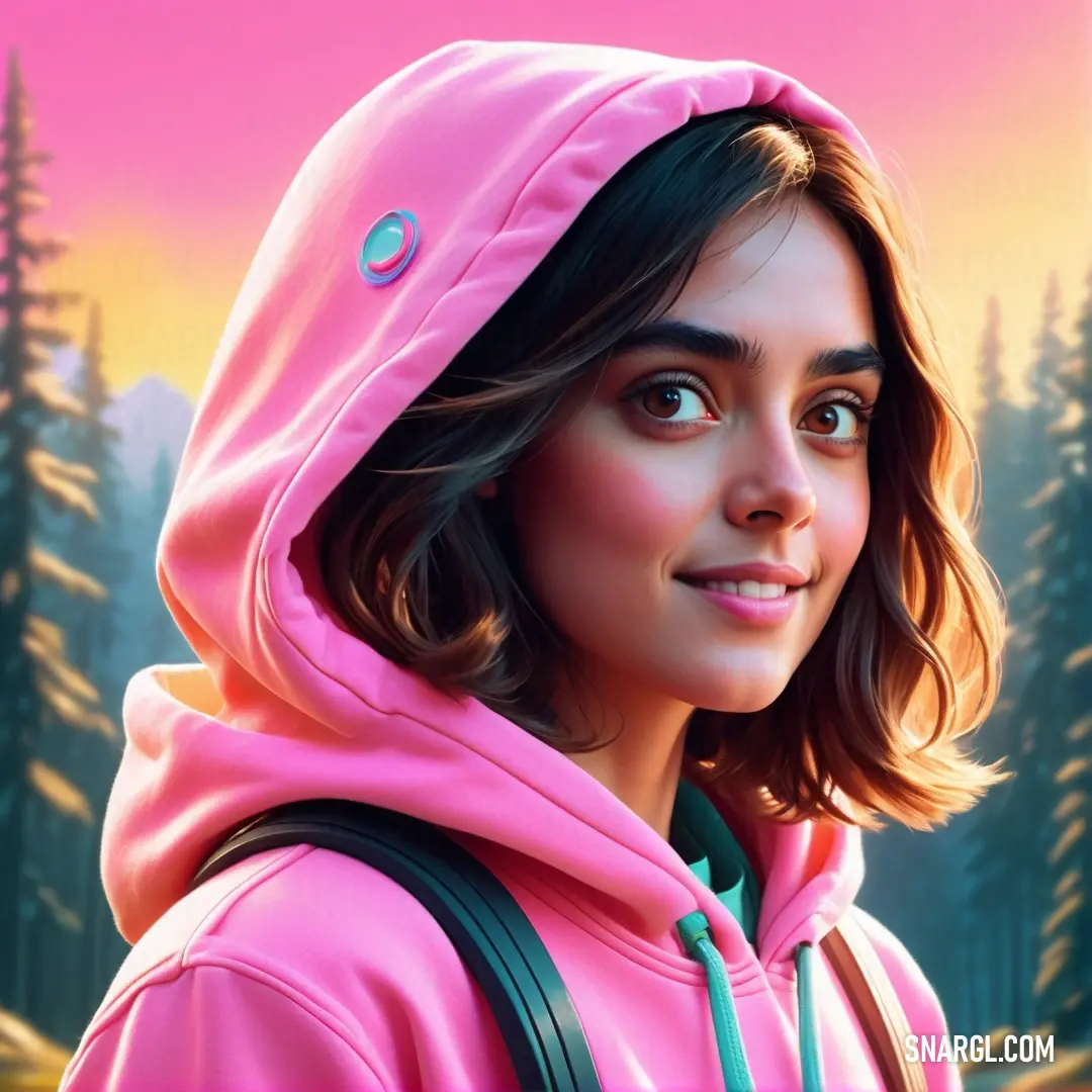 Woman in a pink hoodie is looking at the camera and smiling at the camera with a pink sky behind her. Color CMYK 0,47,8,2.
