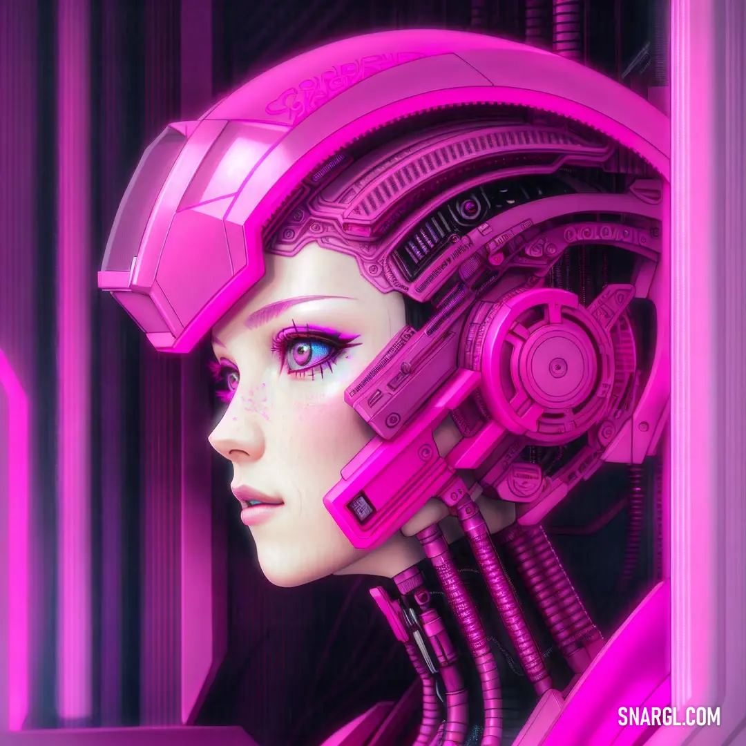 Woman with a futuristic helmet and pink hair is looking out a window at the city and the sky