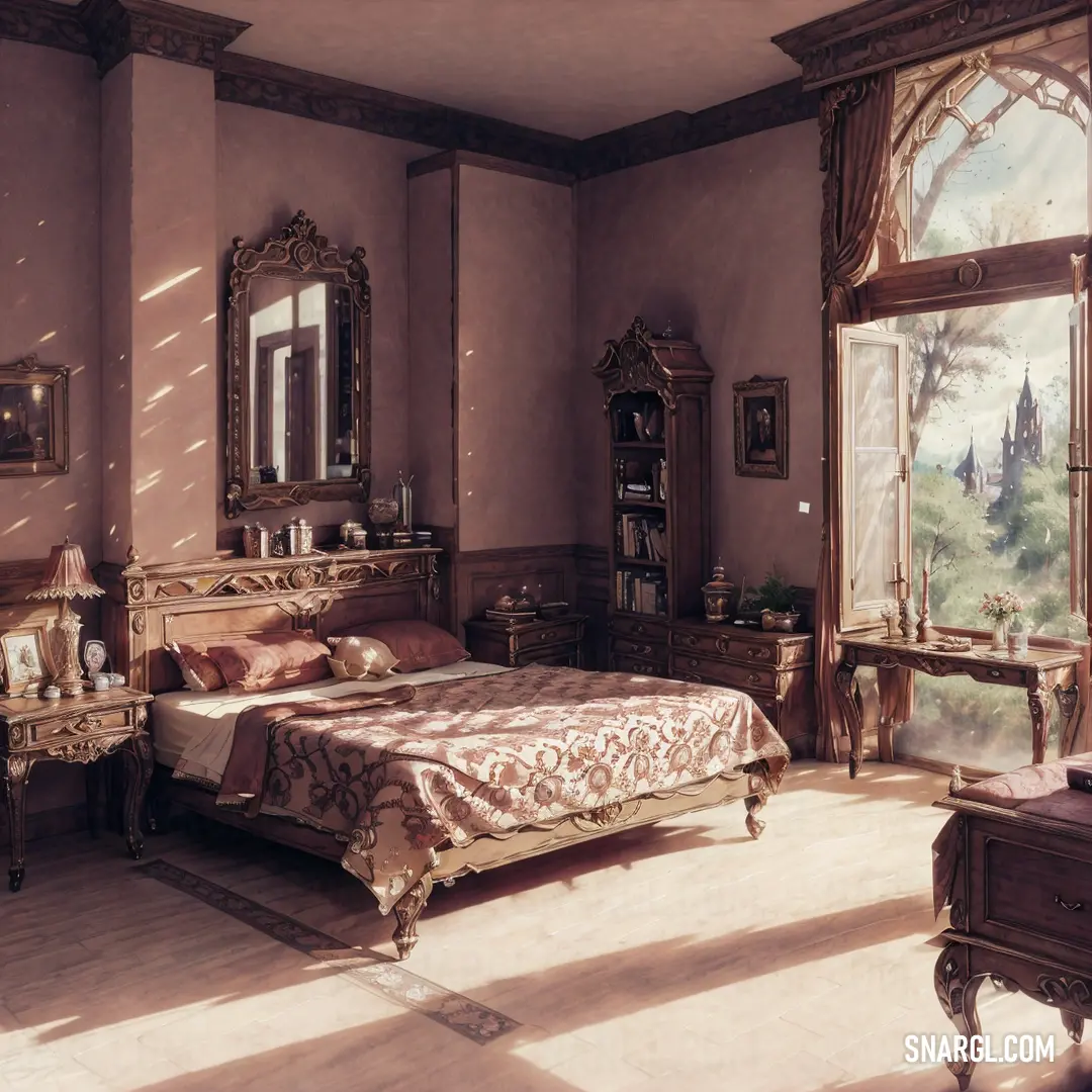 Bedroom with a large bed and a window with a view of a castle in the distance and a dresser with a mirror on it