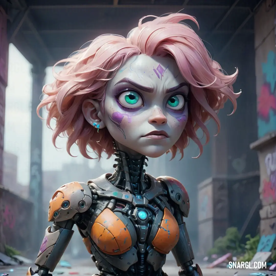 Cartoon character with pink hair and blue eyes in a futuristic city setting with graffiti on the walls and a graffiti - covered alleyway