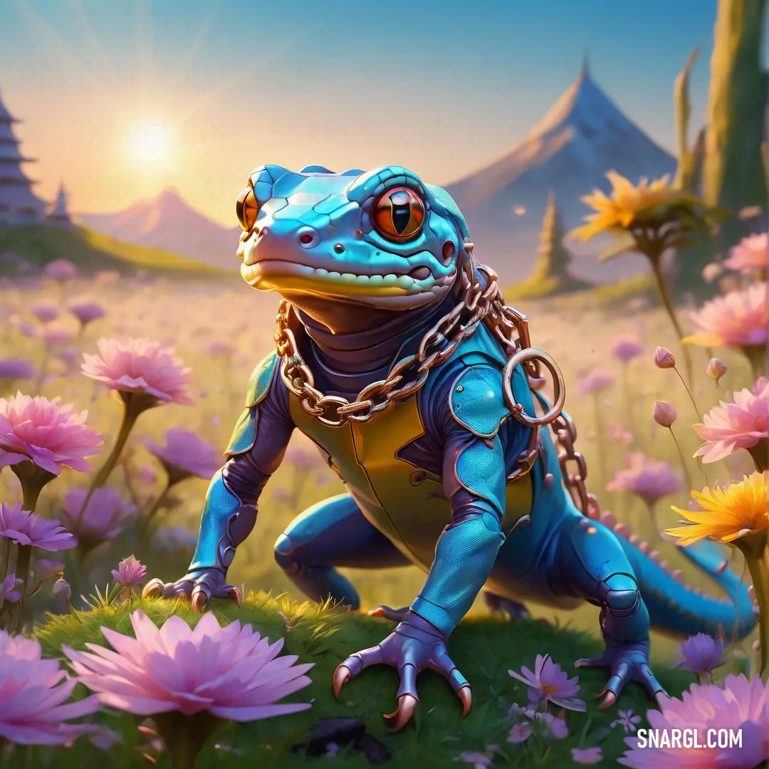 Pale Mauve color example: Frog with chains on its legs in a field of flowers with a mountain in the background and a sun setting