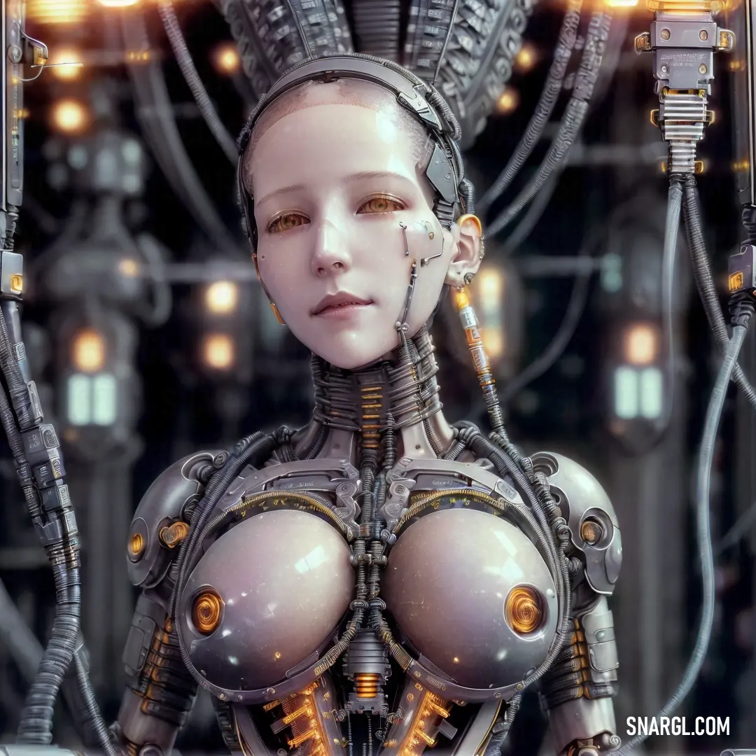 Futuristic woman with a lot of wires and lights around her head and chest