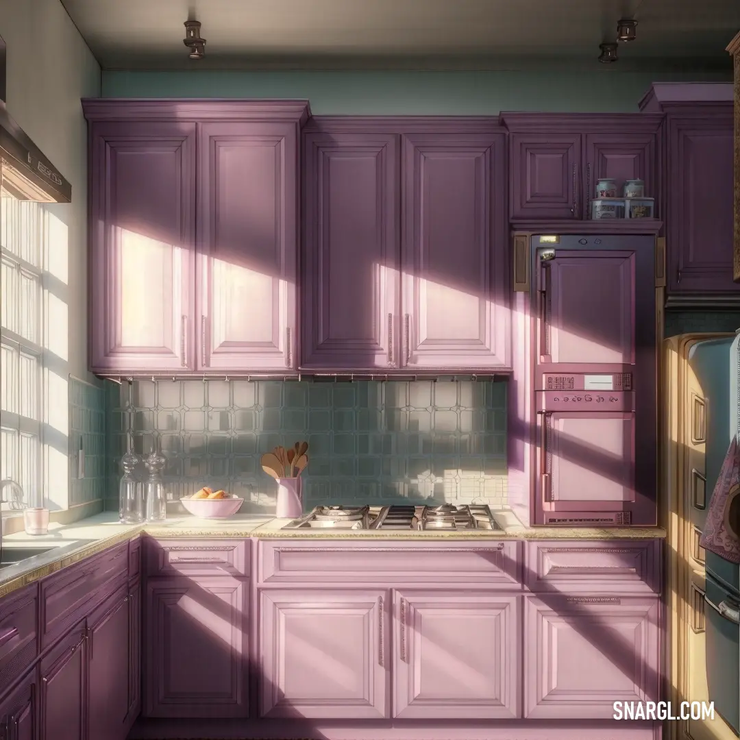 Kitchen with purple cabinets and a stove top oven and a sink with a dishwasher and a window