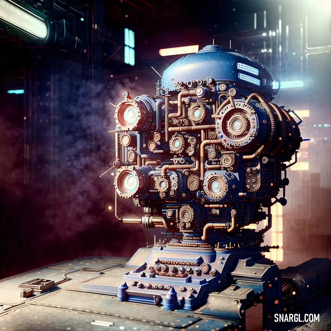 Large machine with many gears on it's face and a light shining on it's face. Example of RGB 198,164,164 color.