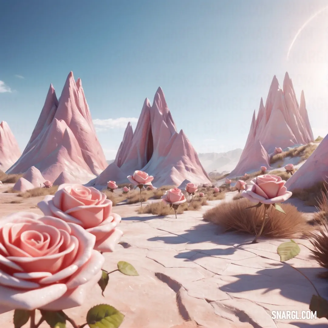Pale Mauve color. Pink rose is in the middle of a desert landscape with mountains and a sun in the background