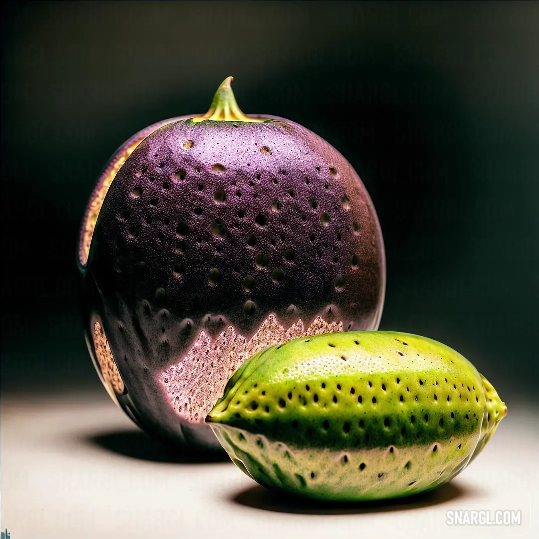 Purple and green fruit with a green leaf on the side of it