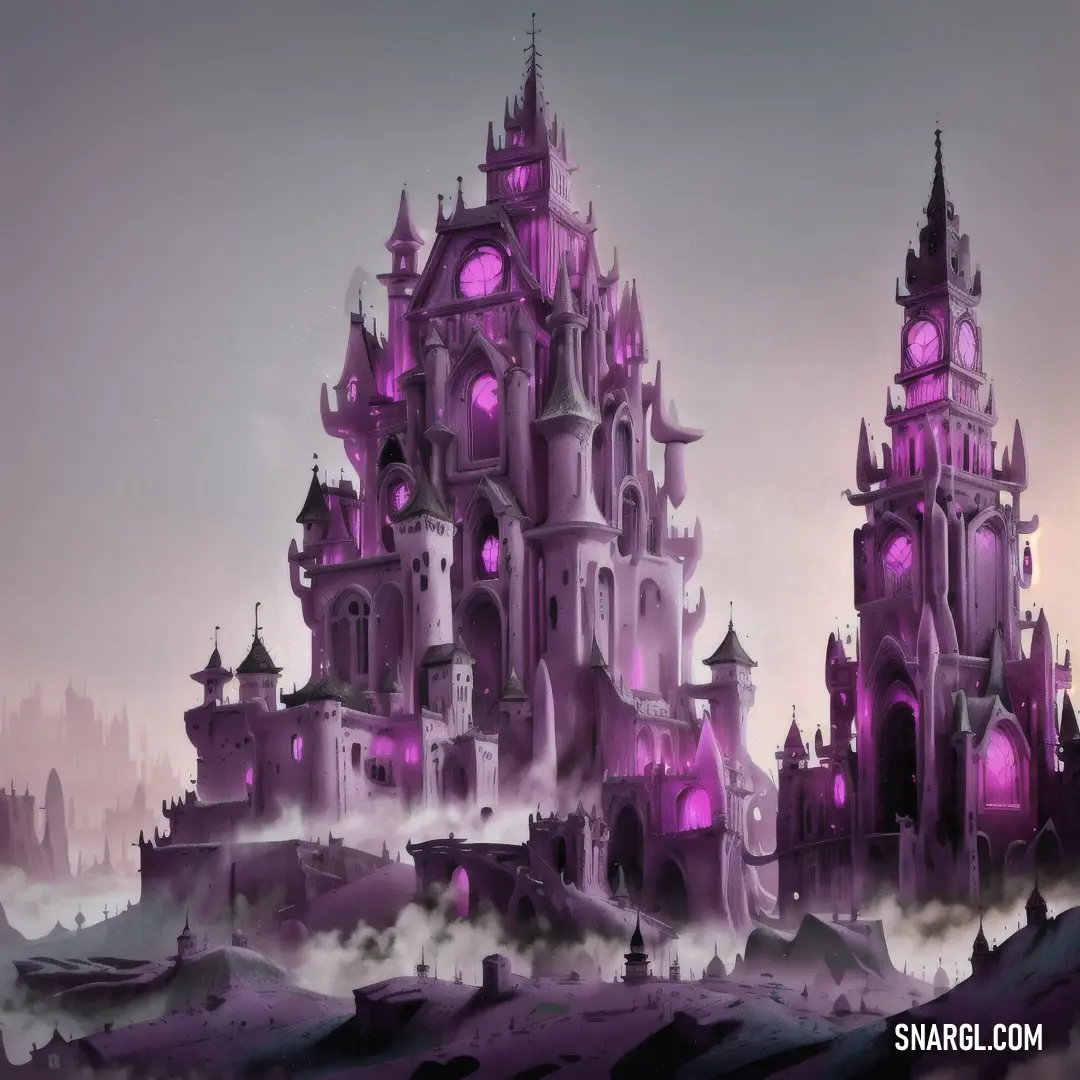 Purple castle with a clock tower in the middle of it and fog in the air around it and a purple sky