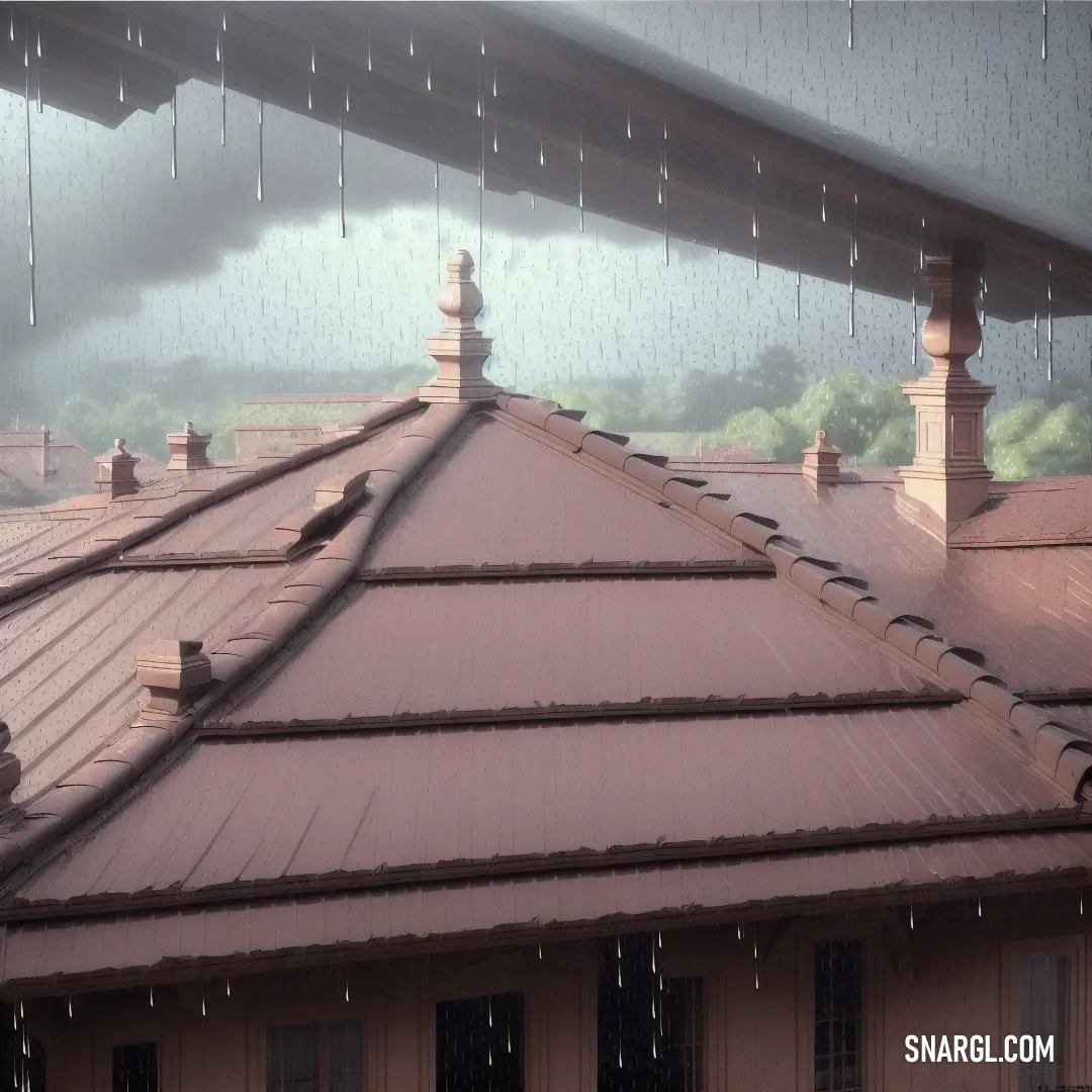 Rain soaked roof with a rain falling down on it and a building in the background. Example of CMYK 0,17,17,22 color.
