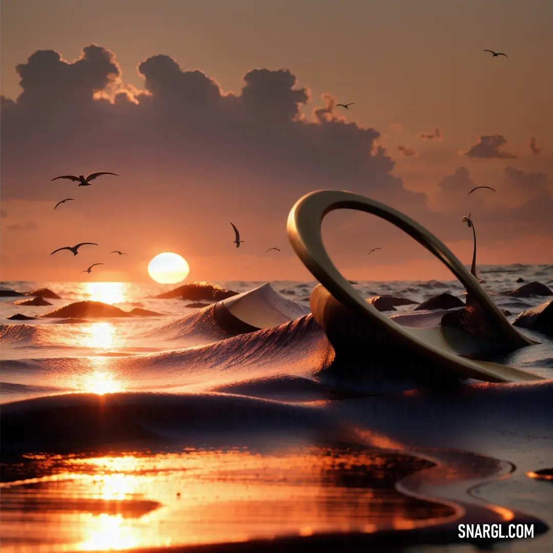 Sunset with a surfboard in the water and birds flying around it and a sun setting in the background