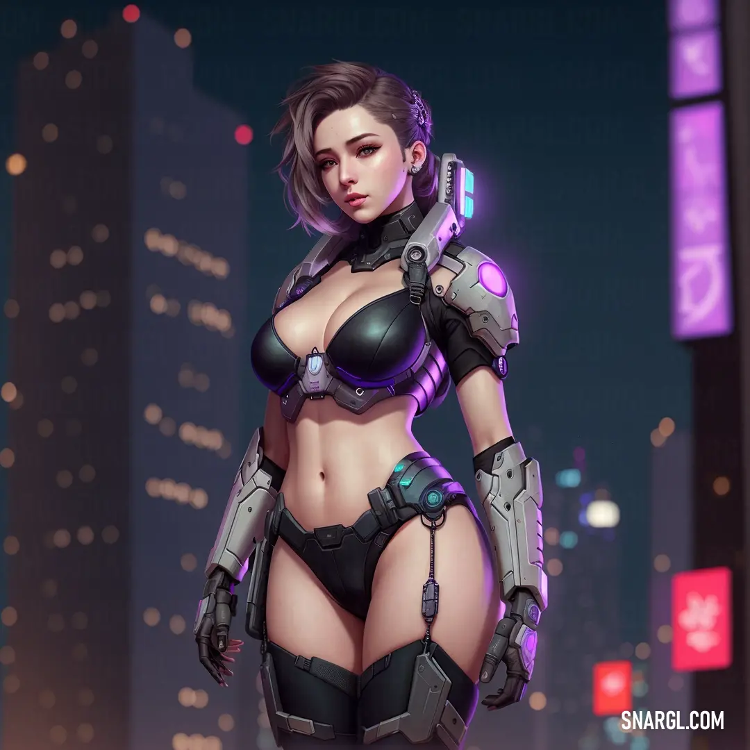 Woman in a futuristic suit standing in a city at night with a gun in her hand