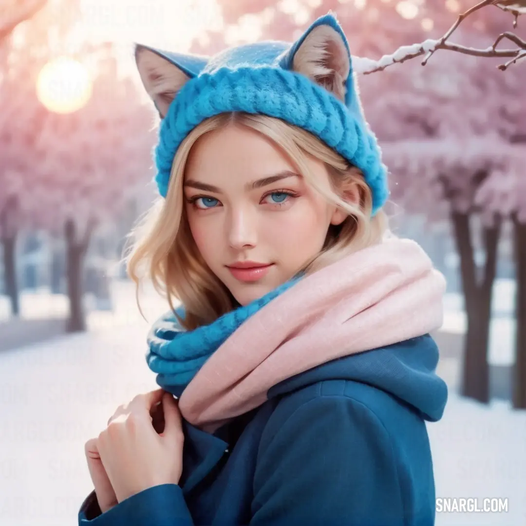 Woman wearing a blue hat and scarf with a cat ears on it's head and a scarf around her neck. Color Pale Mauve.