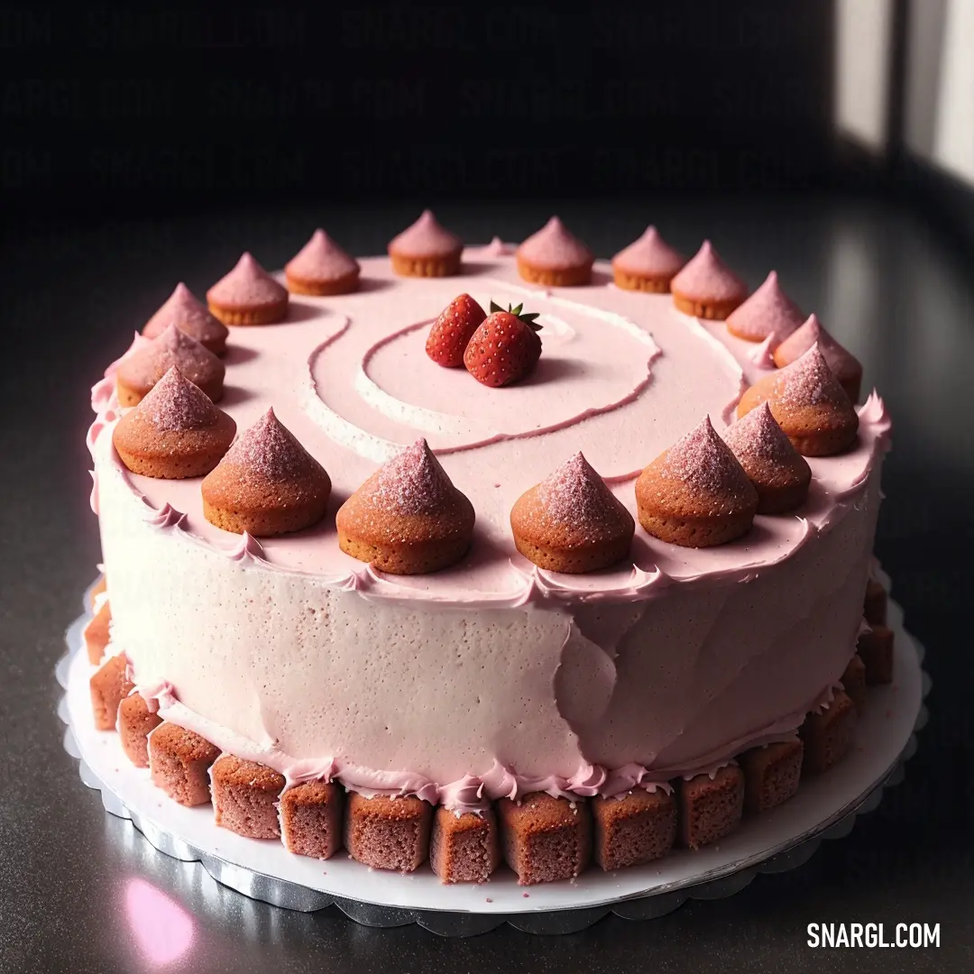 Pale pink color example: Cake with frosting and strawberries on top of it on a table with a window in the background