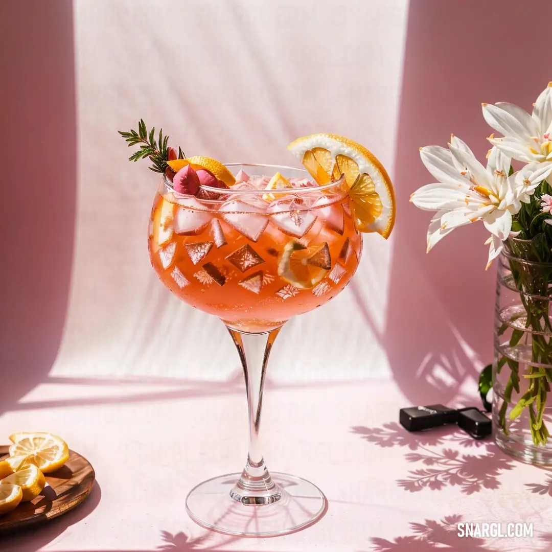 Glass of wine with a lemon slice garnish and a flower arrangement in the background with a pink backdrop