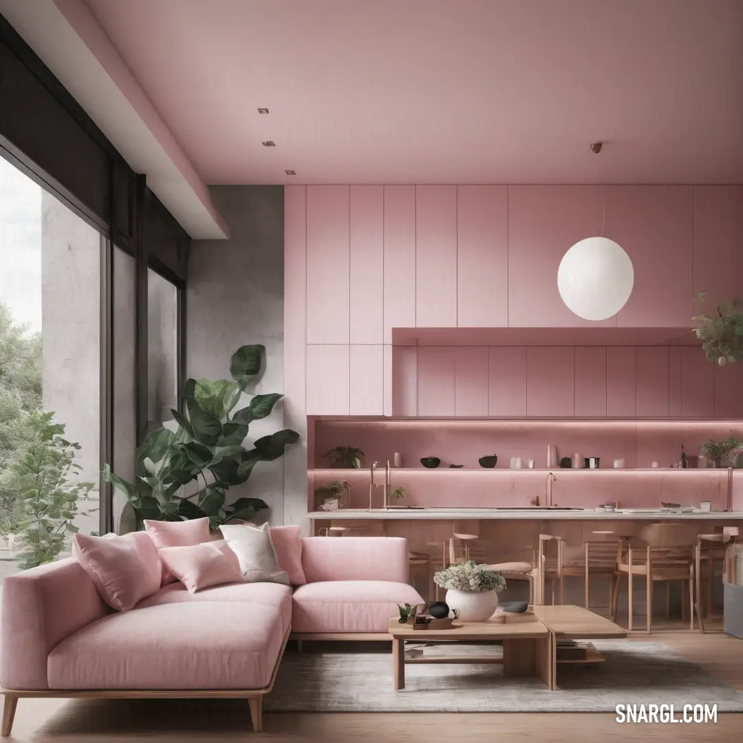 Living room with a pink couch and a table and chairs and a plant in the corner of the room. Example of Pale pink color.