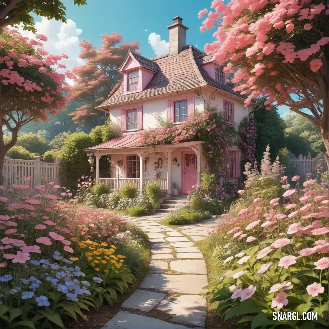 Painting of a house with flowers and trees around it and a pathway leading to it. Example of CMYK 0,13,12,2 color.