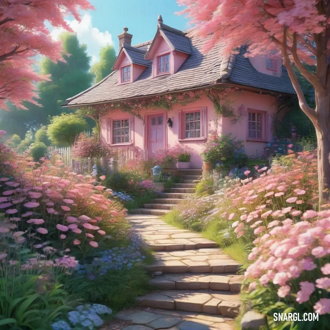 Pale pink color example: Painting of a house with a pathway leading to it and flowers around it
