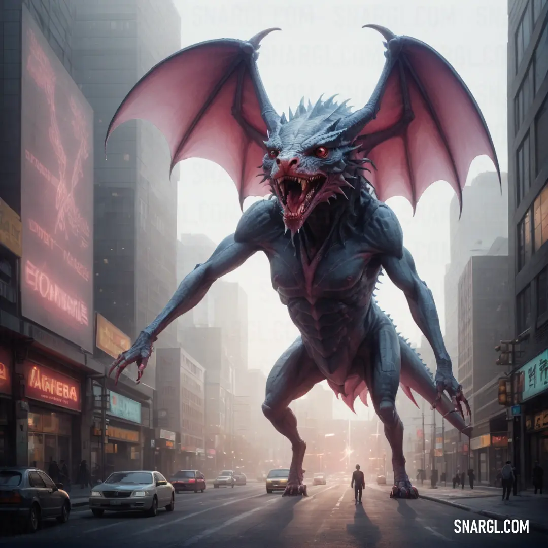 Giant dragon is walking down a city street in front of a man in a suit and tie with a knife. Example of Pale pink color.