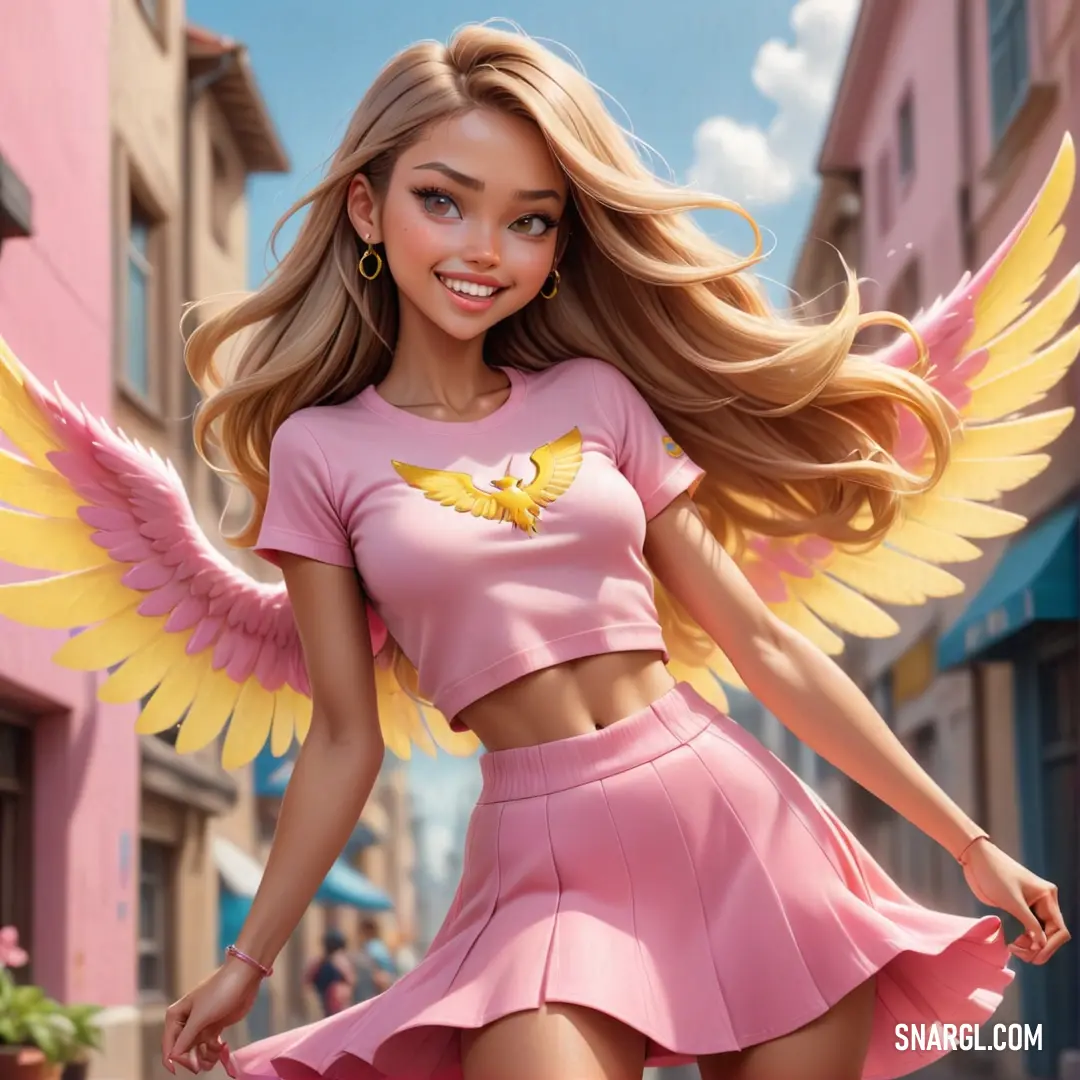 Girl in a pink outfit with a yellow bird on her shirt. Color #FADADD.