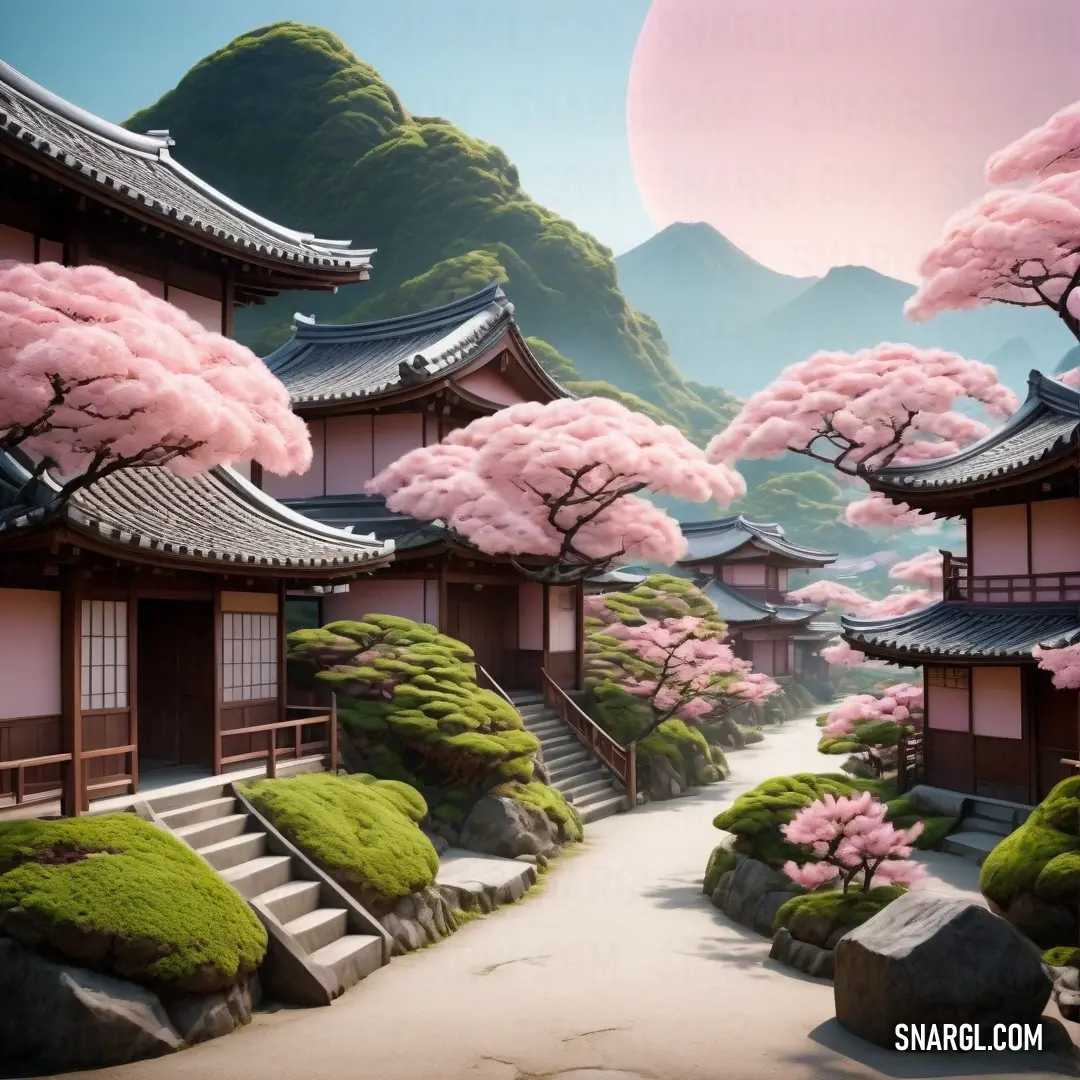 Pale pink color. Painting of a japanese garden with pink flowers and trees in bloom and a path leading to a pagoda