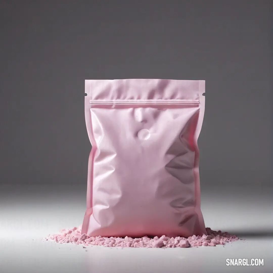 Pale pink color. Pink bag of food on top of a table next to a pile of pink rice on a table